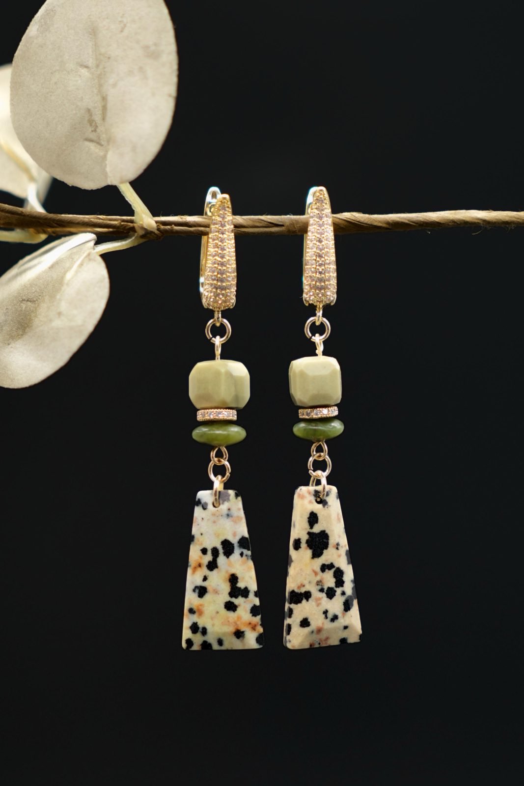 Stoneleaf earrings with olive beads and long speckled stone drops