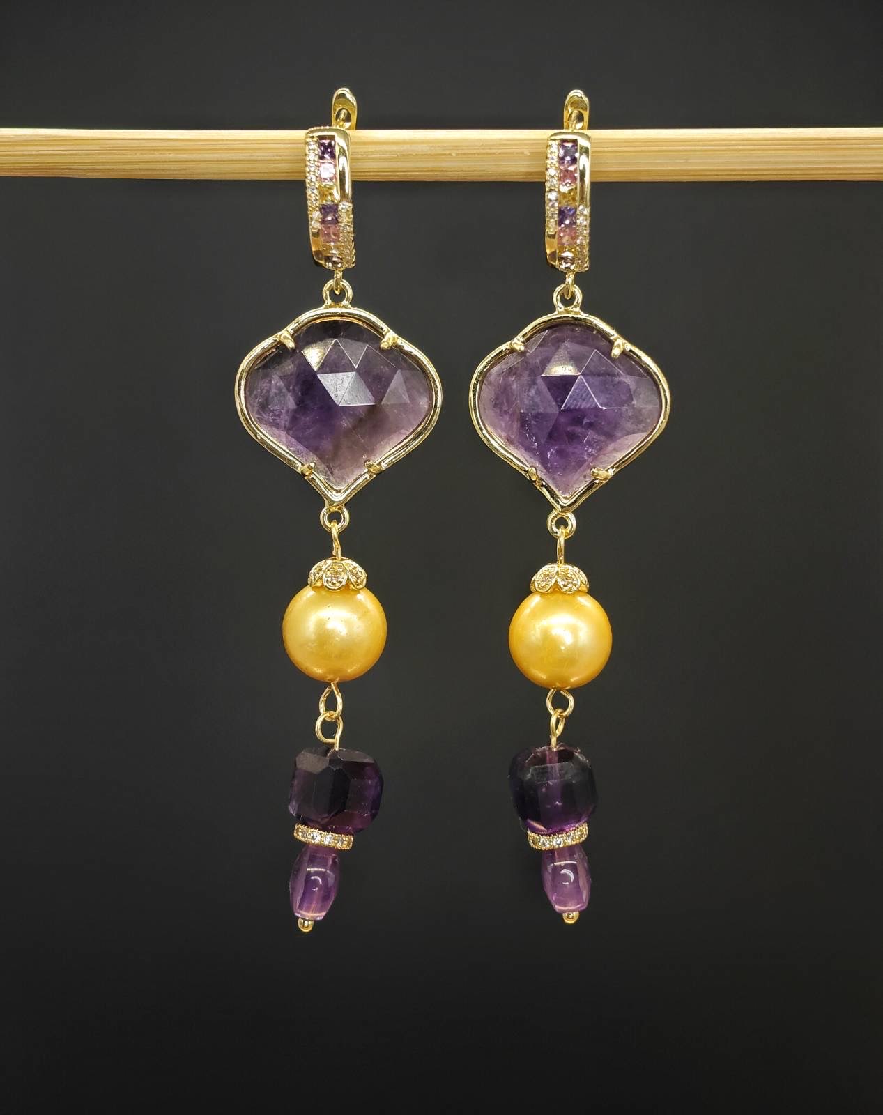 Violet Ember earrings with faceted purple and golden beads