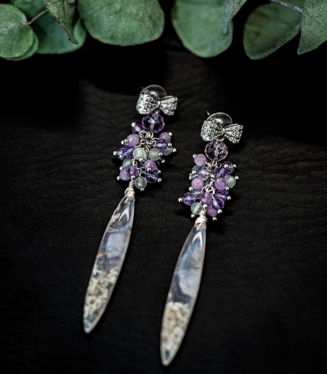 Lavender Rain earrings with clustered violet beads and long marbled drops