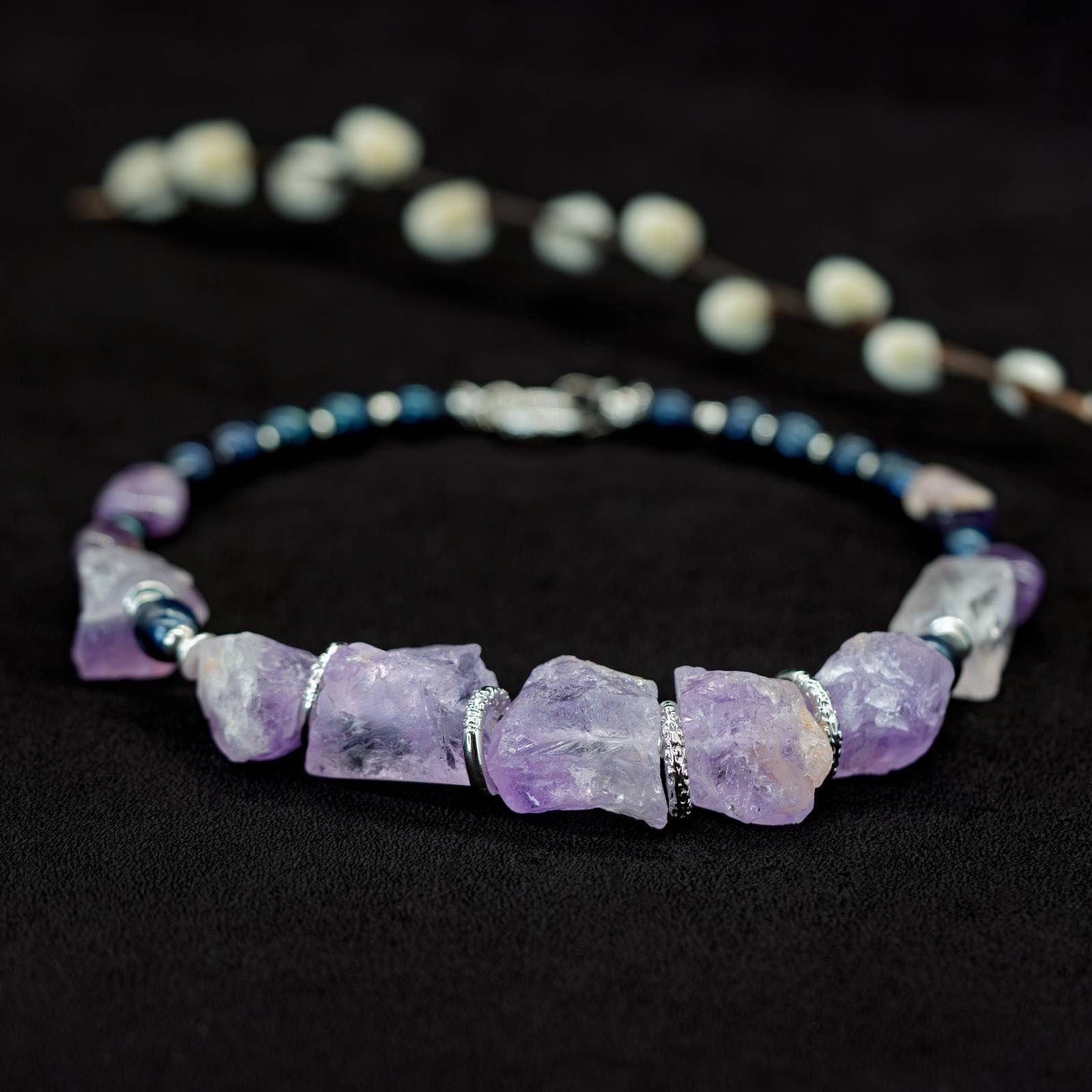 Willow Dusk necklace with rough violet stones and midnight-blue beads