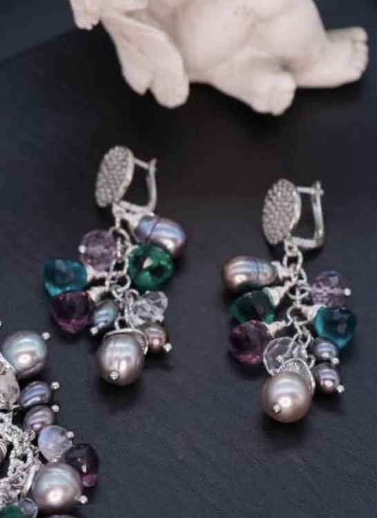 Midnight Garden cluster earrings with teal, violet and iridescent beads